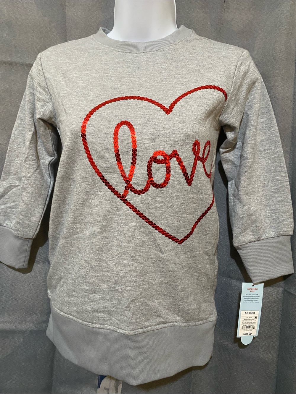 Cat & Jack Light Gray Sweatshirt with Red Sequin Heart "Love"